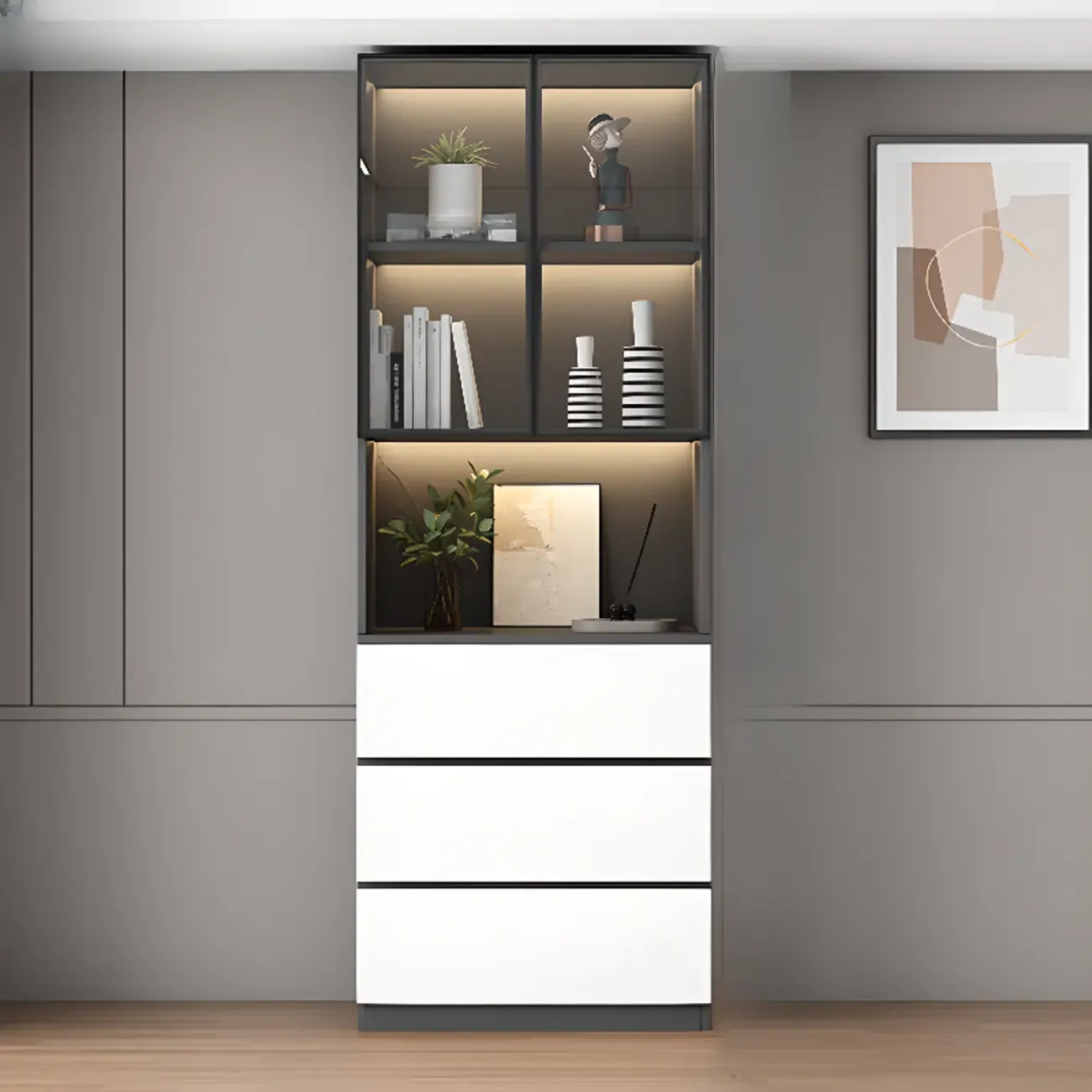 Freestanding Modern Tall Wood Open Storage Wine Cabinet Image - 11