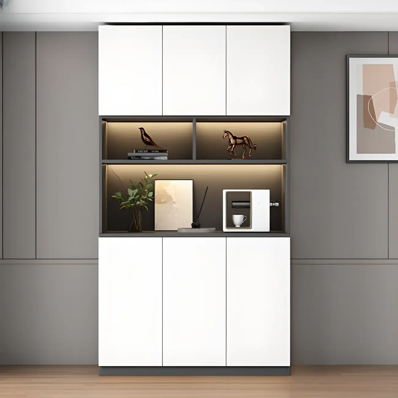 Freestanding Modern Tall Wood Open Storage Wine Cabinet Image - 12