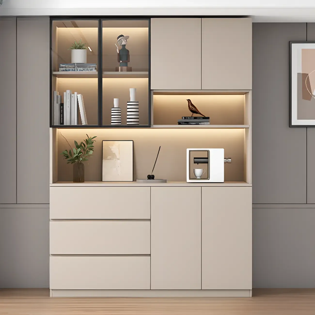 Freestanding Modern Tall Wood Open Storage Wine Cabinet Image - 3