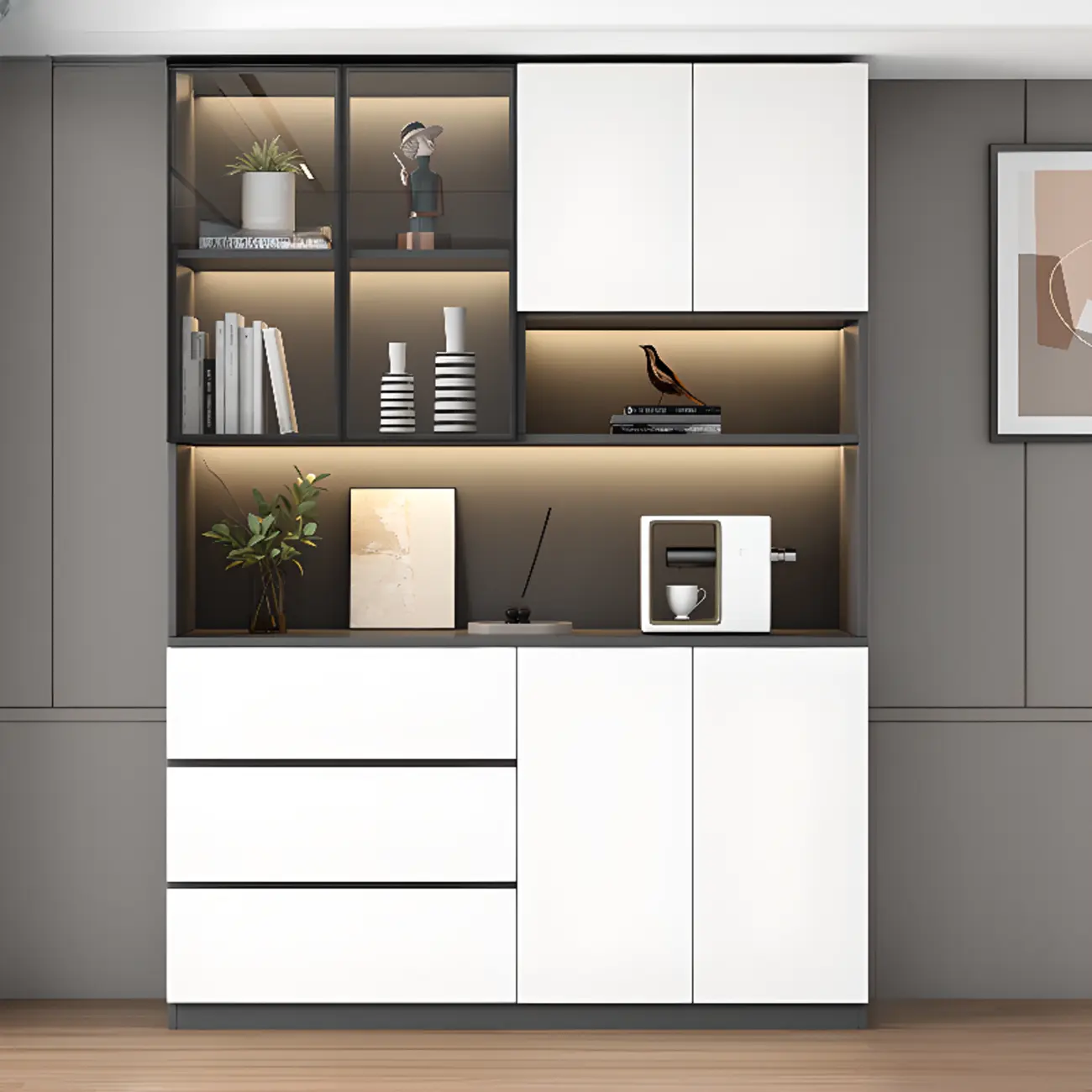 Freestanding Modern Tall Wood Open Storage Wine Cabinet Image - 13 | homeyfad