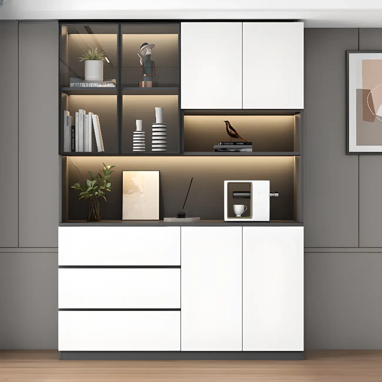 Freestanding Modern Tall Wood Open Storage Wine Cabinet Image - 13