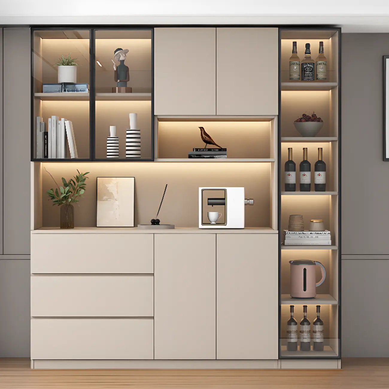Freestanding Modern Tall Wood Open Storage Wine Cabinet Image - 14 | homeyfad