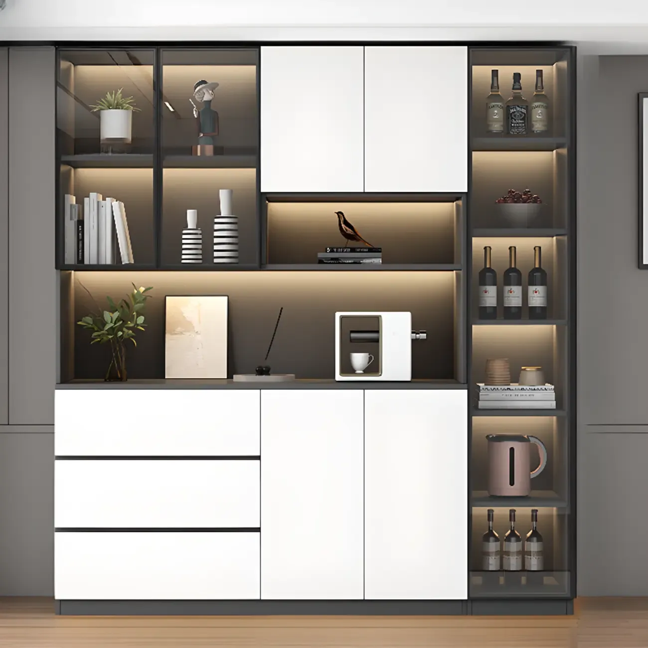 Freestanding Modern Tall Wood Open Storage Wine Cabinet Image - 15