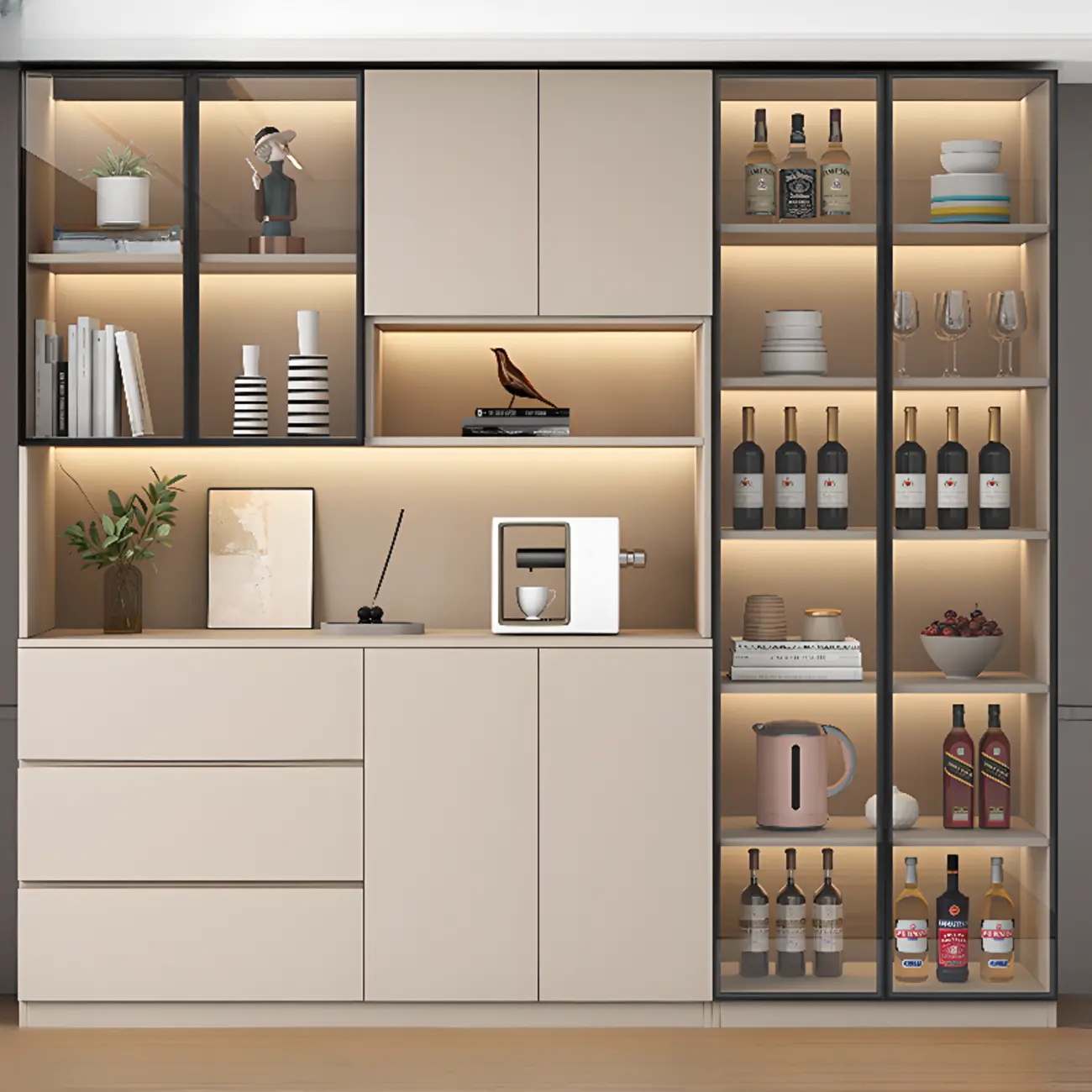 Freestanding Modern Tall Wood Open Storage Wine Cabinet Image - 16 | homeyfad