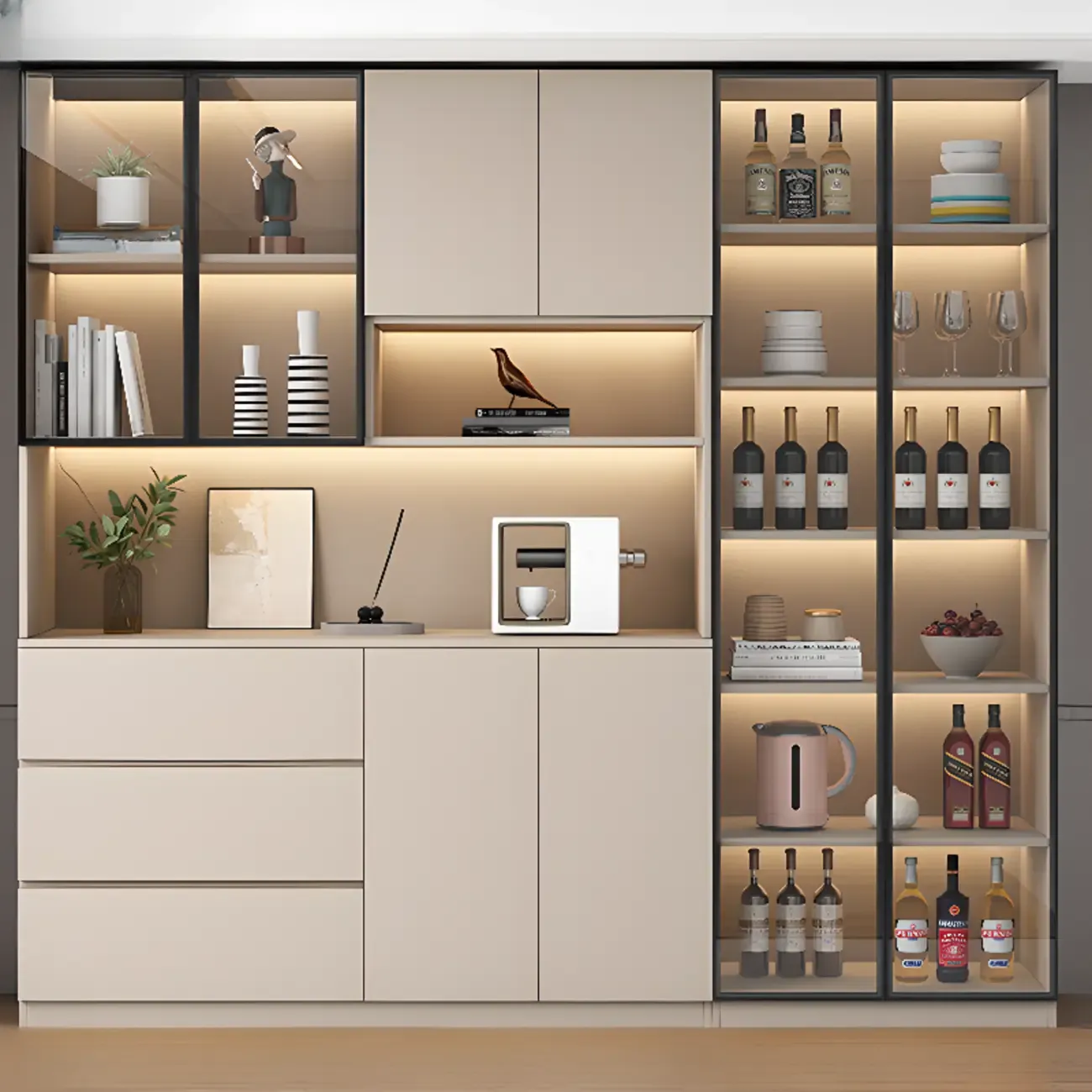 Freestanding Modern Tall Wood Open Storage Wine Cabinet Image - 16