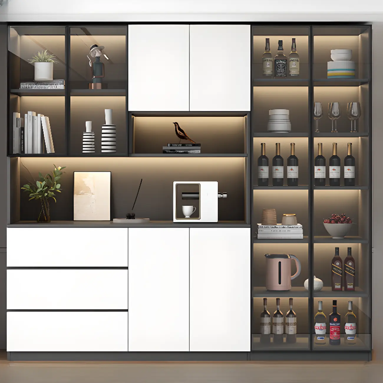 Freestanding Modern Tall Wood Open Storage Wine Cabinet Image - 17 | homeyfad