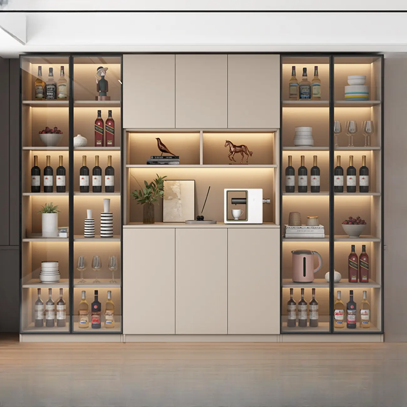 Freestanding Modern Tall Wood Open Storage Wine Cabinet Image - 18 | homeyfad