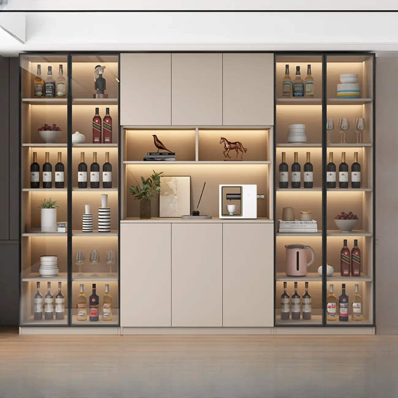 Freestanding Modern Tall Wood Open Storage Wine Cabinet Image - 18