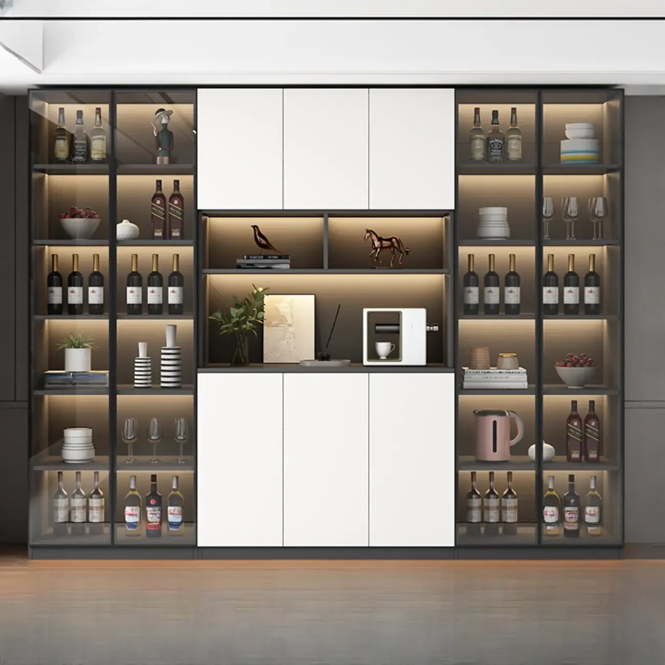 Freestanding Modern Tall Wood Open Storage Wine Cabinet Image - 19