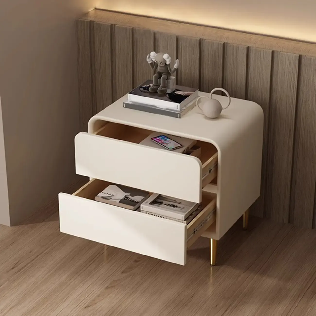 Modern White Bedside Table with Storage Drawers