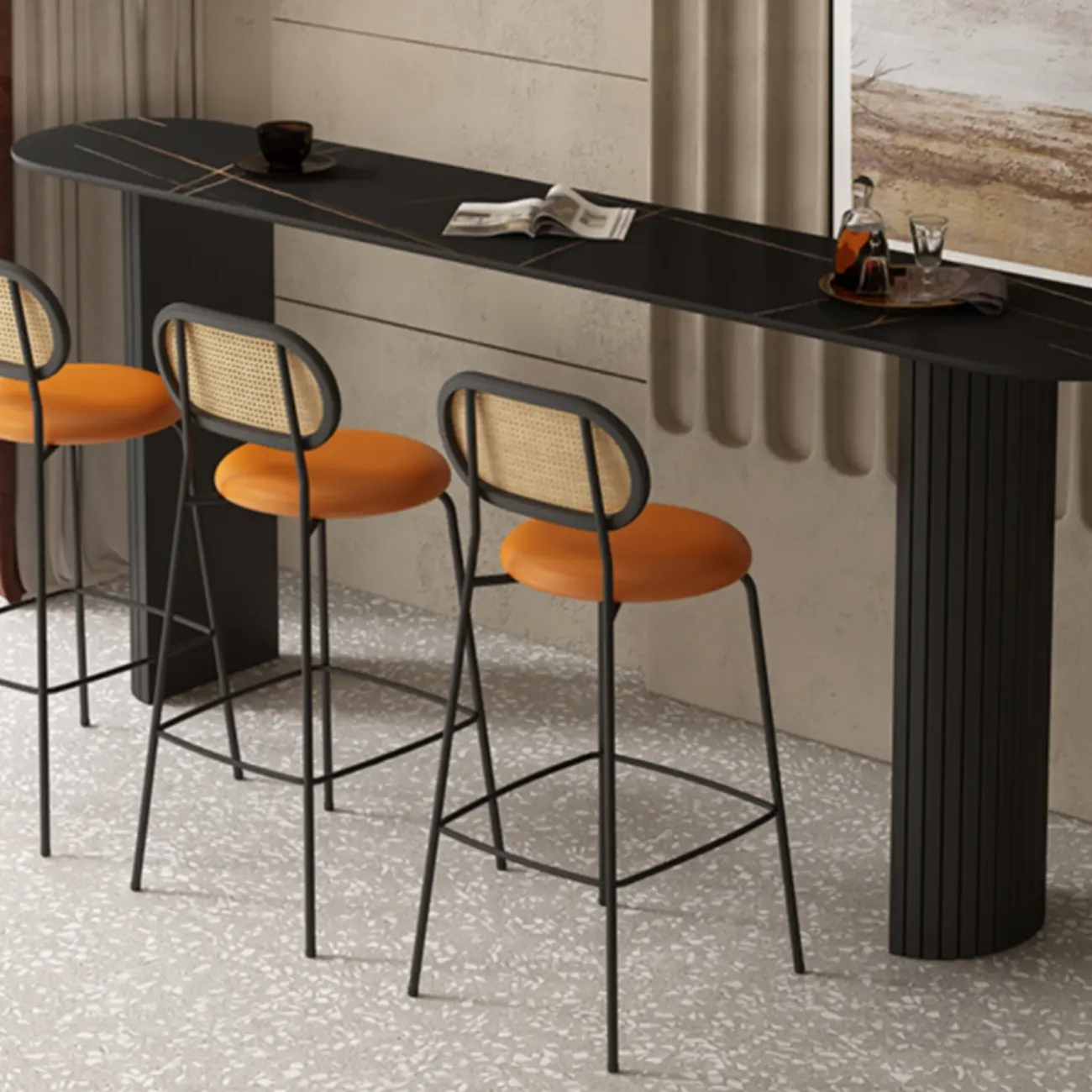 Scandinavian Oblong Black Stone Ribbed Steel Bar Tables Image - 1 | homeyfad