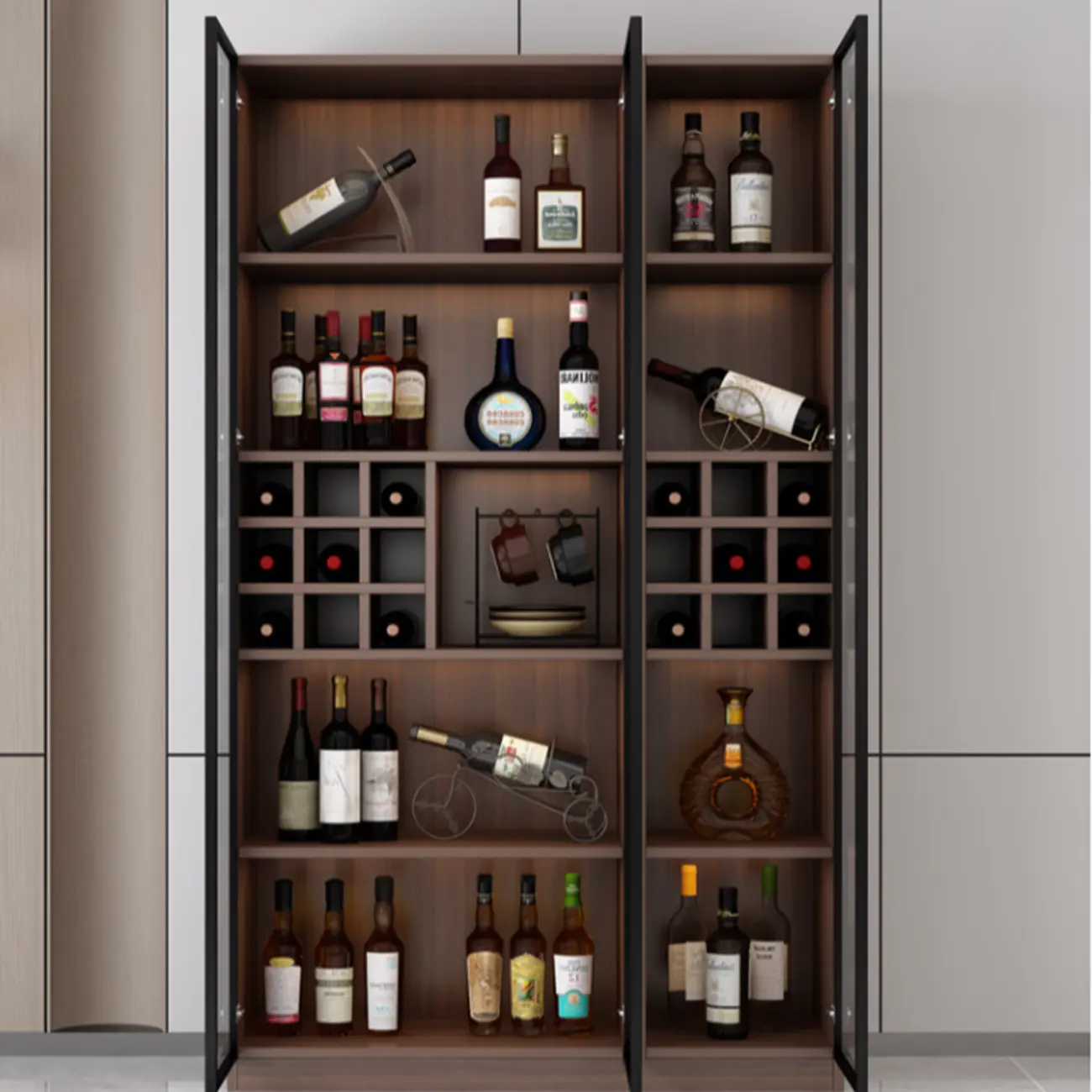 Traditional Wooden Brown Floor Wine Cabinet with Doors Image - 3 | homeyfad