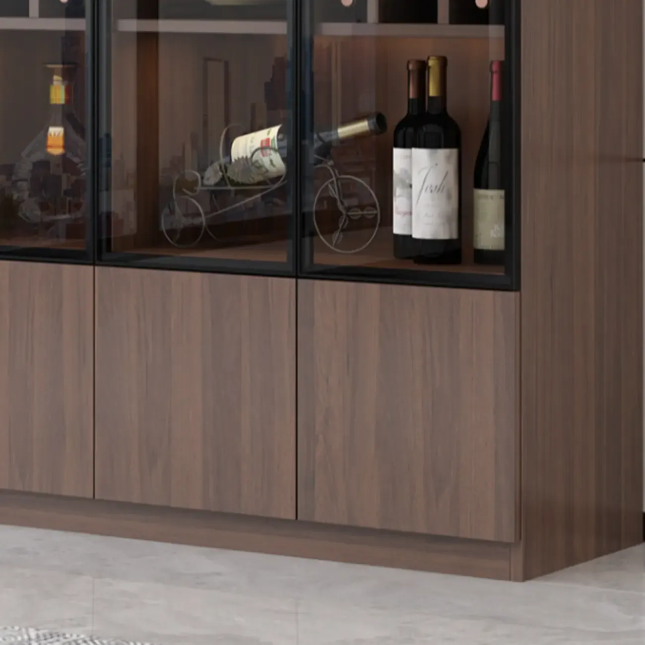 Traditional Wooden Brown Floor Wine Cabinet with Doors Image - 5