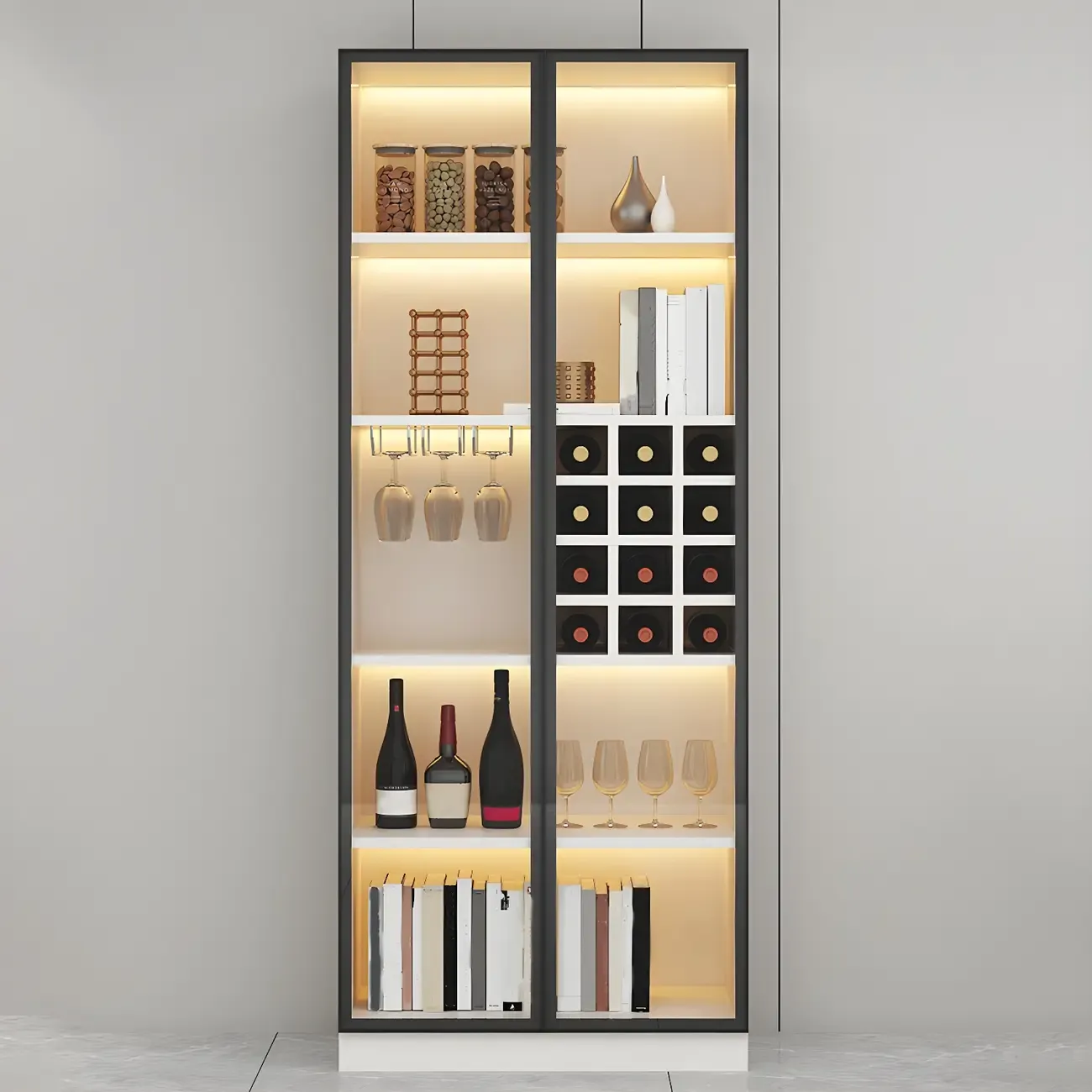 Lighting Modern Freestanding Black Wooden Wine Cabinet Image - 3