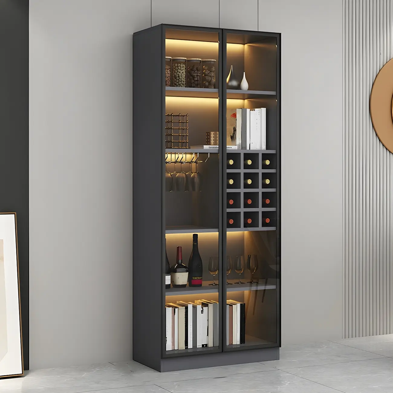Lighting Modern Freestanding Black Wooden Wine Cabinet Image - 4 | homeyfad