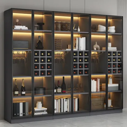 Lighting Modern Freestanding Black Wooden Wine Cabinet Image - 1