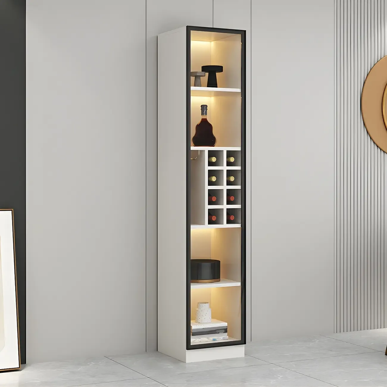 Lighting Modern Freestanding Black Wooden Wine Cabinet Image - 5