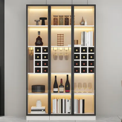 Lighting Modern Freestanding Black Wooden Wine Cabinet Image - 7