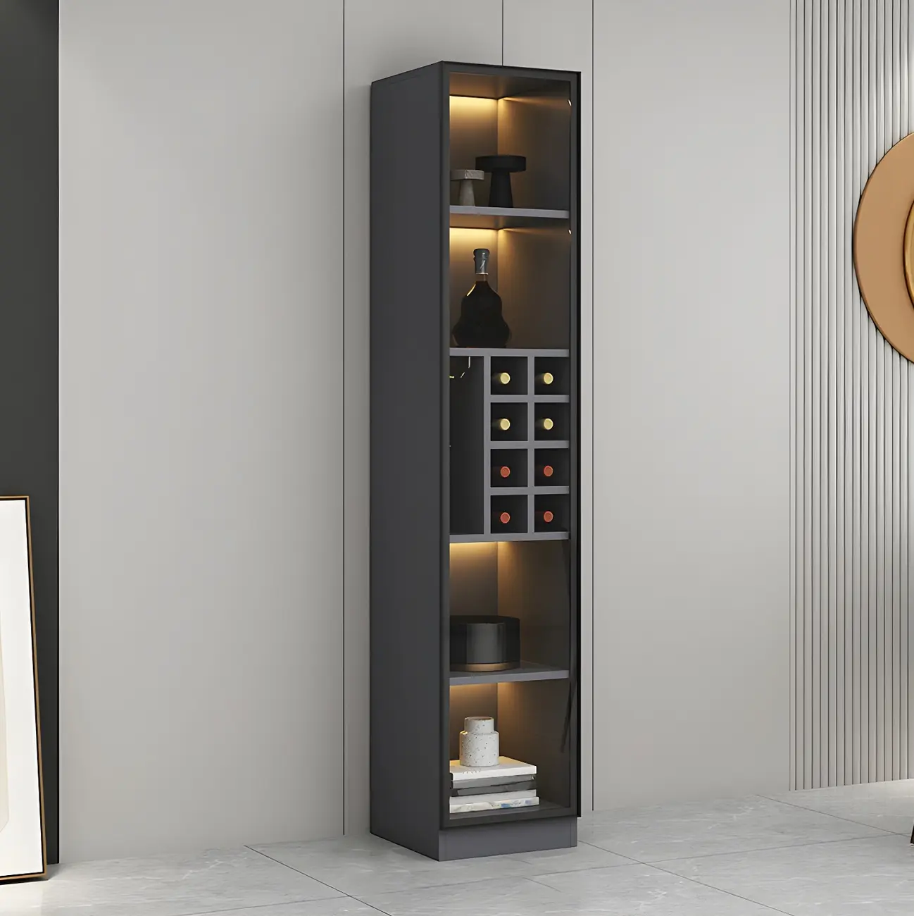 Lighting Modern Freestanding Black Wooden Wine Cabinet Image - 8 | homeyfad