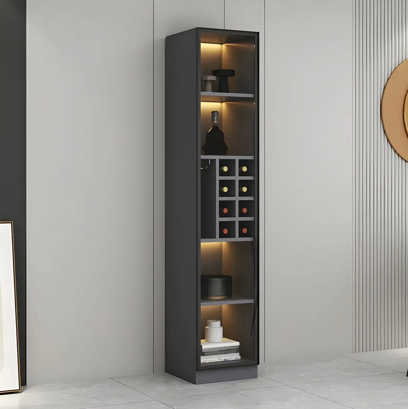 Lighting Modern Freestanding Black Wooden Wine Cabinet Image - 8