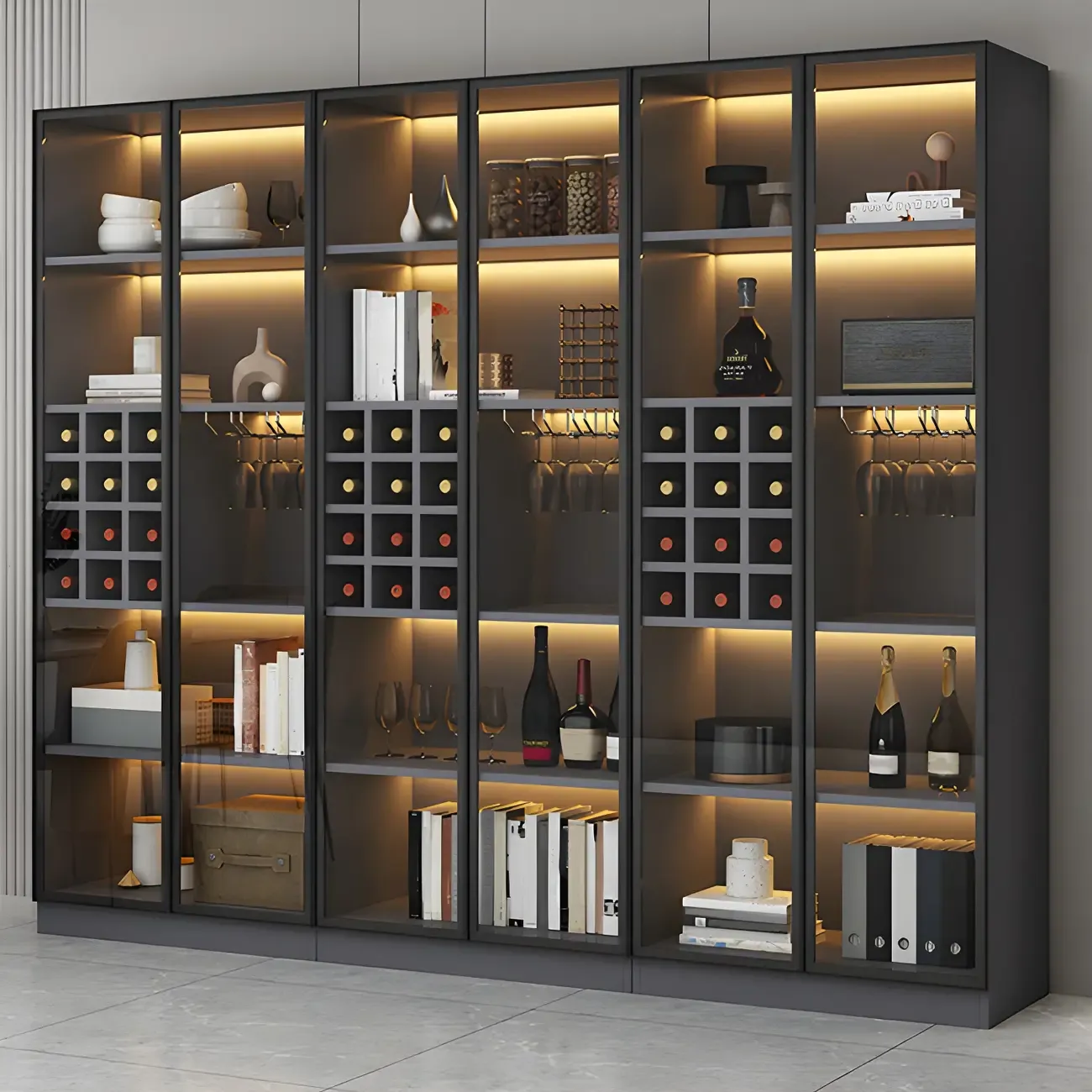 Lighting Modern Freestanding Black Wooden Wine Cabinet Image - 2
