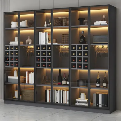 Lighting Modern Freestanding Black Wooden Wine Cabinet Image - 2