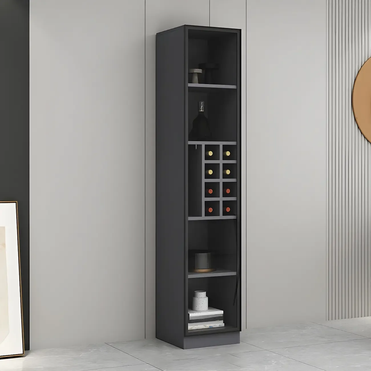 Lighting Modern Freestanding Black Wooden Wine Cabinet Image - 11
