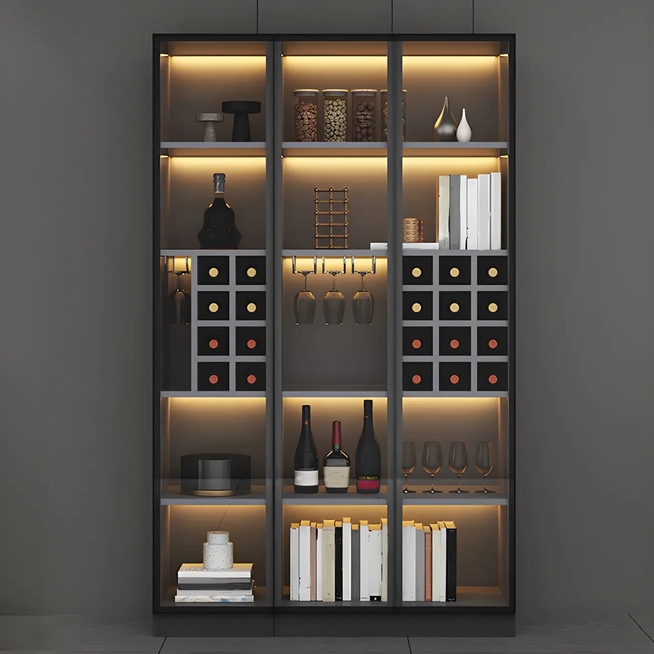 Lighting Modern Freestanding Black Wooden Wine Cabinet Image - 13 | homeyfad
