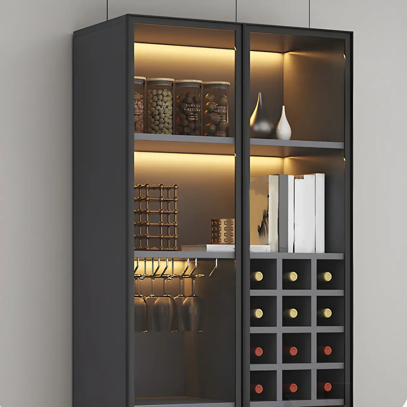 Lighting Modern Freestanding Black Wooden Wine Cabinet Image - 14