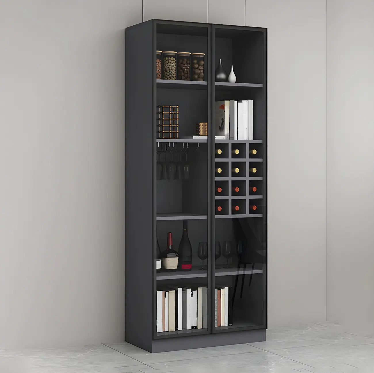 Lighting Modern Freestanding Black Wooden Wine Cabinet Image - 10 | homeyfad