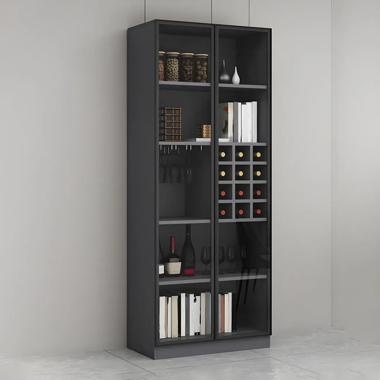Lighting Modern Freestanding Black Wooden Wine Cabinet Image - 10