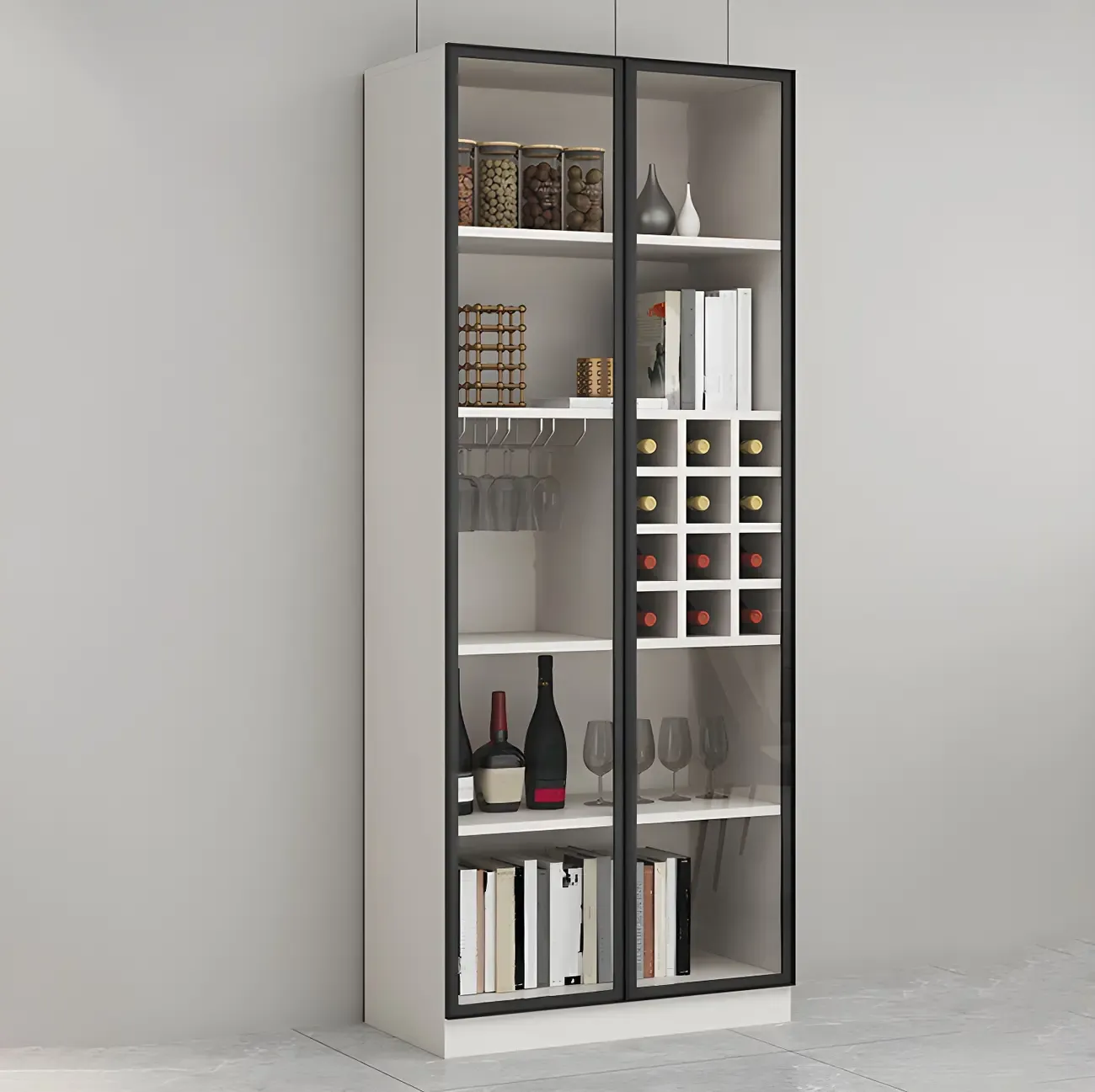 Lighting Modern Freestanding Black Wooden Wine Cabinet Image - 9
