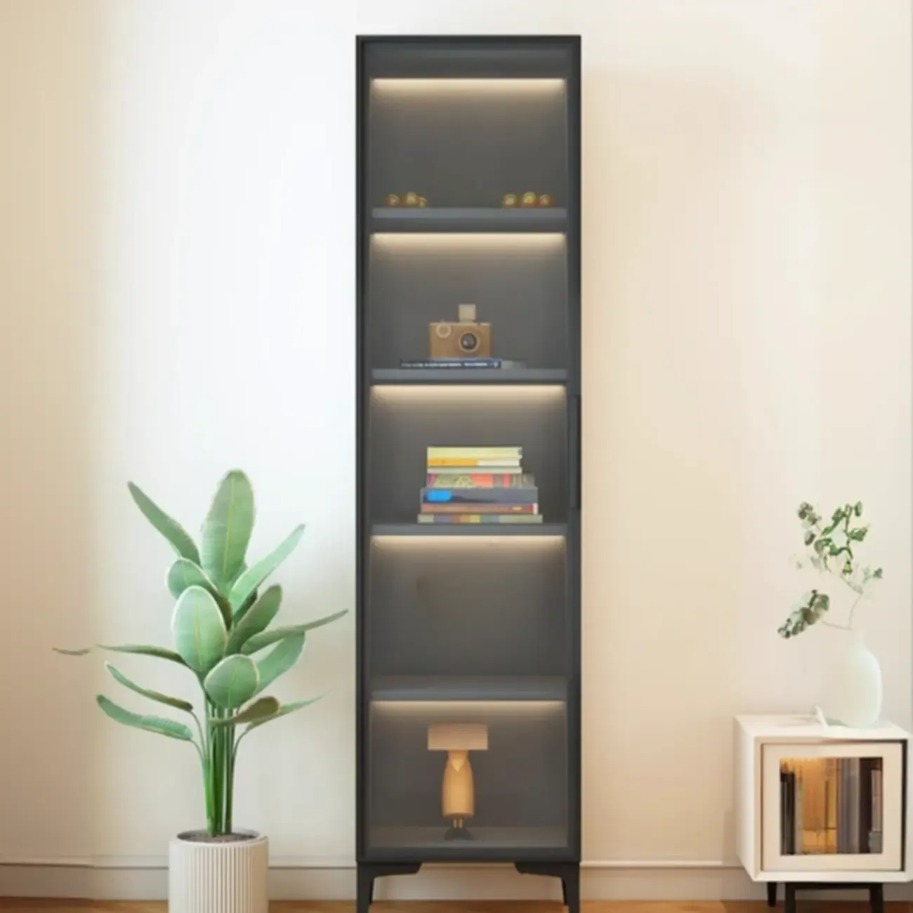 Modern Black Wood Clear Glass Lighting Display Cabinet Image - 2