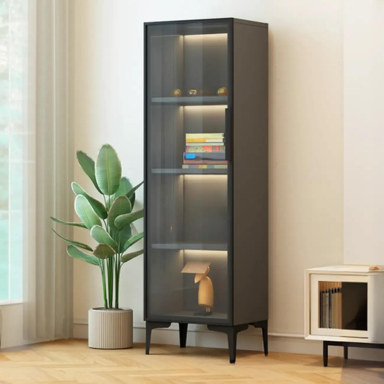 Modern Black Wood Clear Glass Lighting Display Cabinet Image - 3