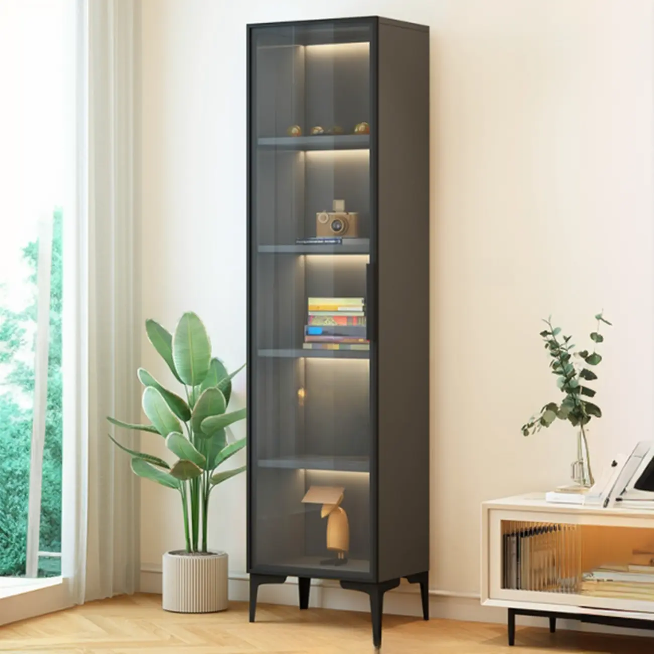 Modern Black Wood Clear Glass Lighting Display Cabinet Image - 5 | homeyfad