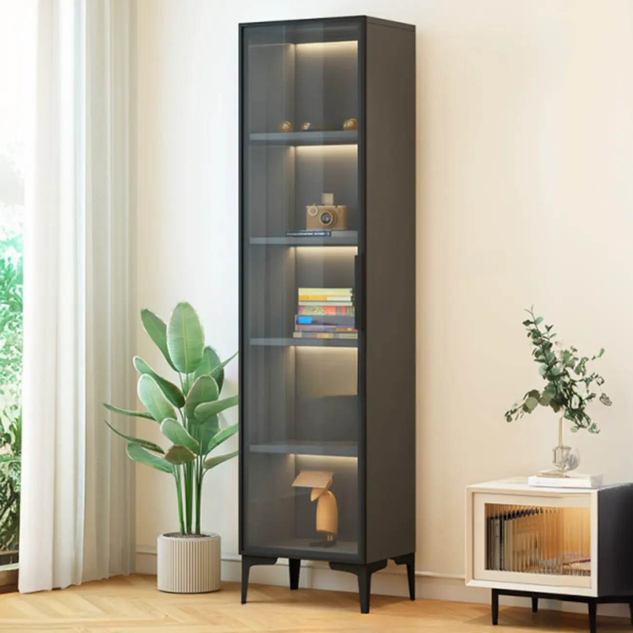 Modern Black Wood Clear Glass Lighting Display Cabinet Image - 6 | homeyfad