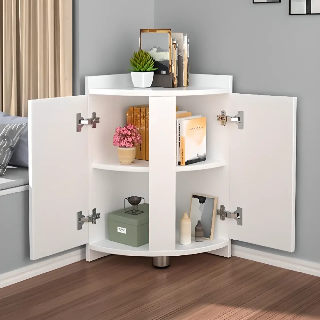 Modern Small White Wood Corner Storage Cabinet Image - 7