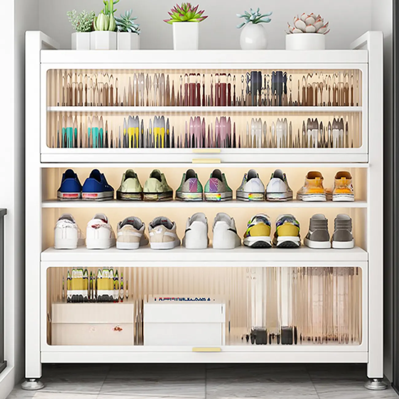 Scandinavian Flip-up Gray Metal Entryway Shoe Cabinet HomeyFad