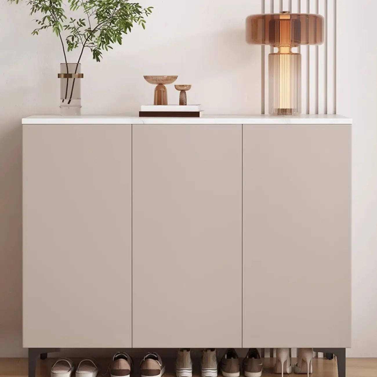 5-Tier Compact Modern Off-White Entryway Shoe Cabinet Image - 4 | homeyfad