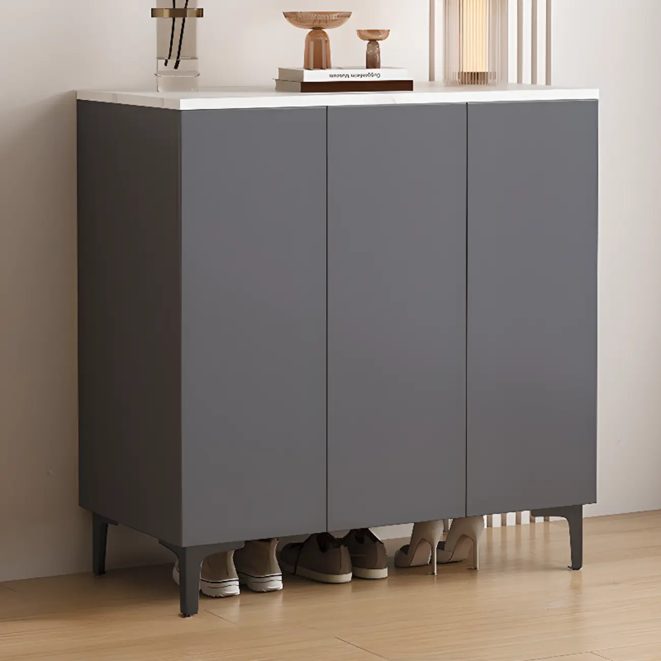 5-Tier Compact Modern Off-White Entryway Shoe Cabinet Image - 2 | homeyfad