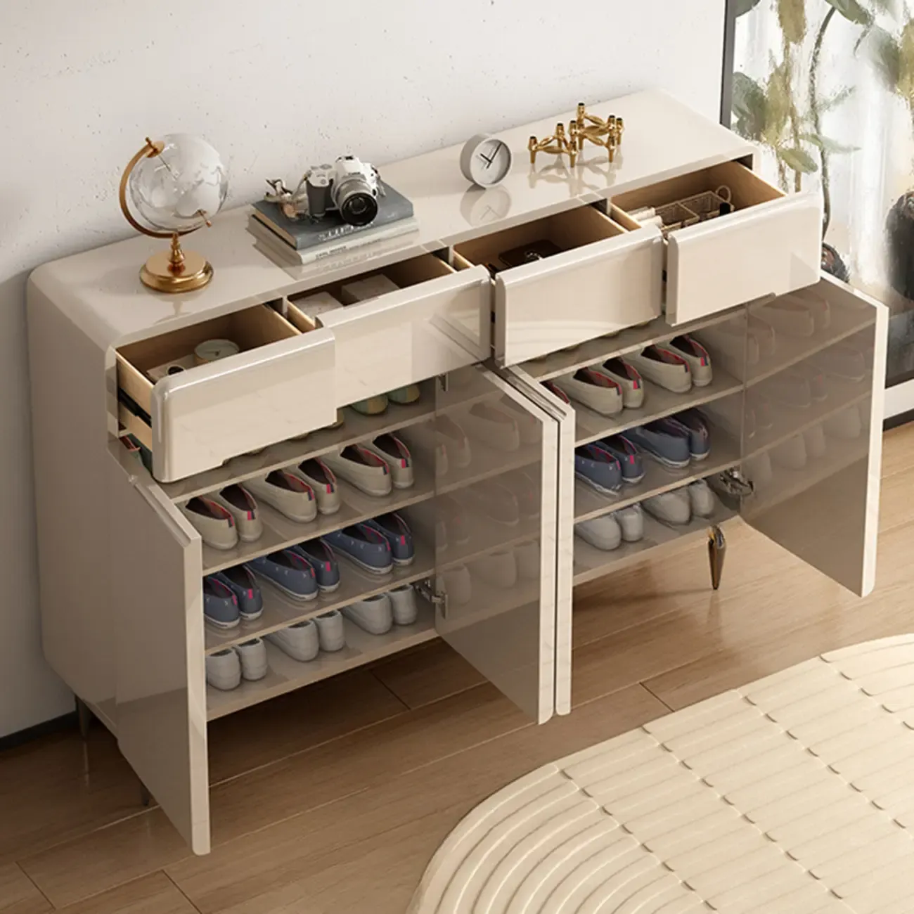 Cream White Wood Shoe Cabinet with Drawer for Entryway Image - 4