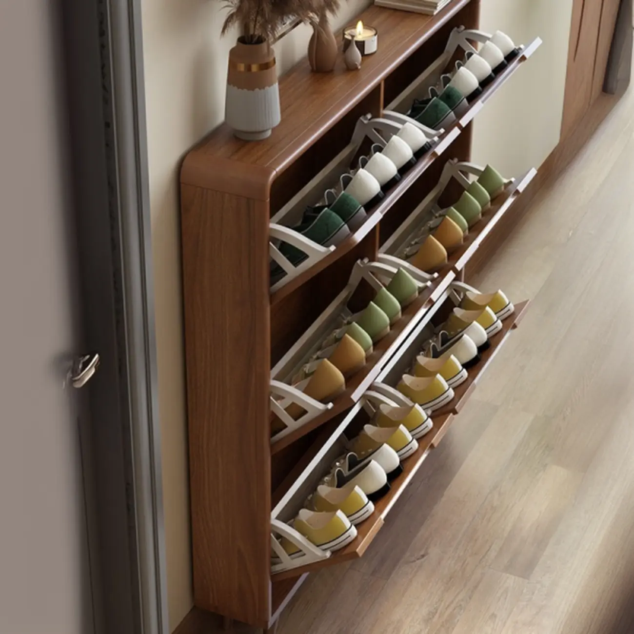 3-Tier Drop-Front Wood Entryway Shoe Storage Image - 1 | homeyfad