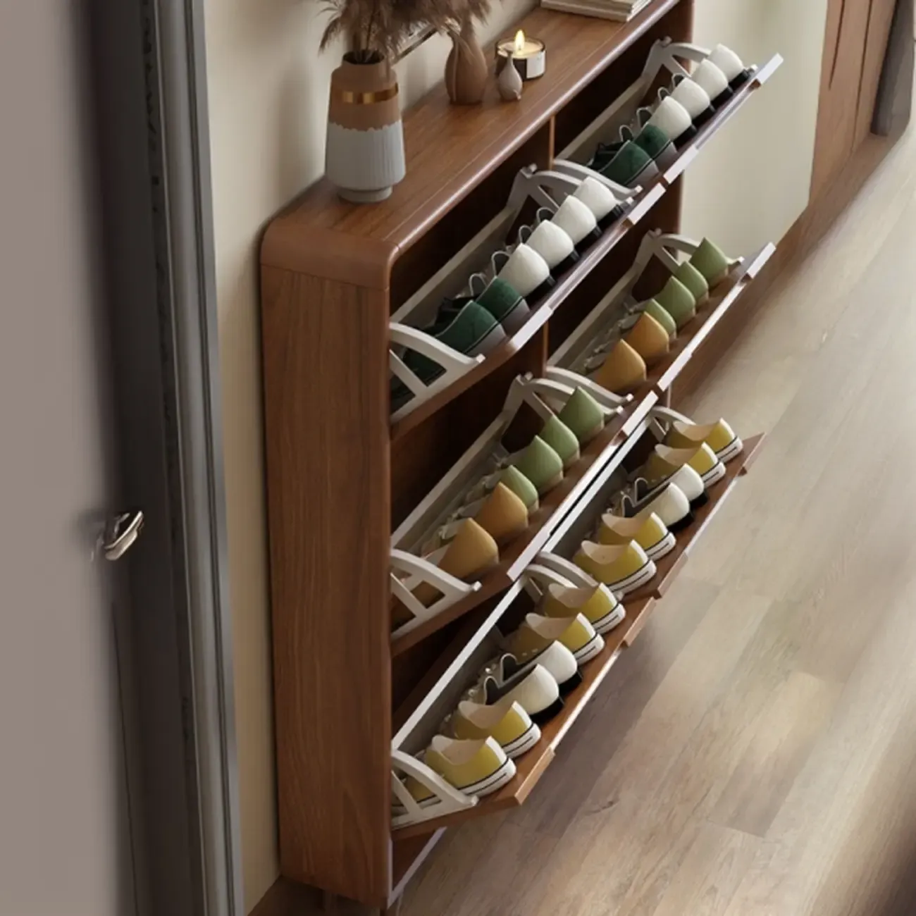 3-Tier Drop-Front Wood Entryway Shoe Storage Image - 1