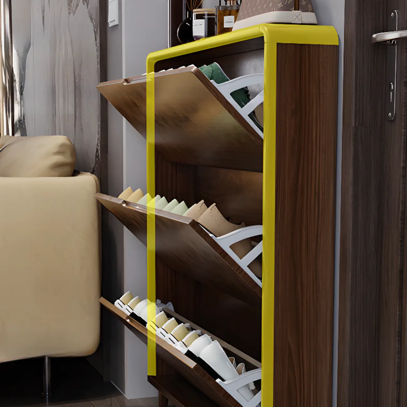 3-Tier Drop-Front Wood Entryway Shoe Storage Image - 9 | homeyfad