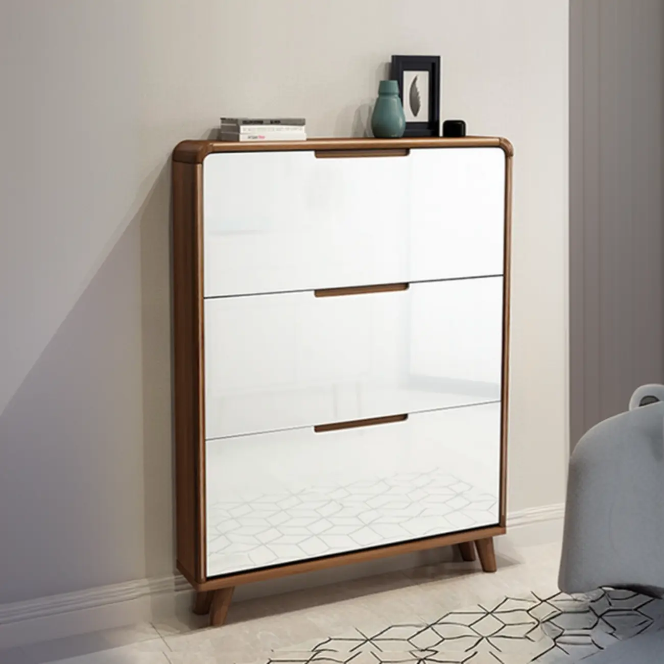 3-Tier Drop-Front Wood Entryway Shoe Storage Image - 21 | homeyfad