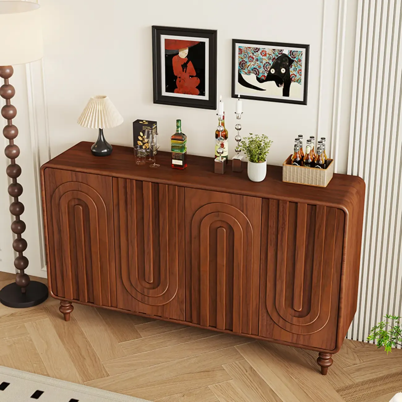 Entryway Wood 3-Door Carved Wave Shoe Cabinet Image - 1