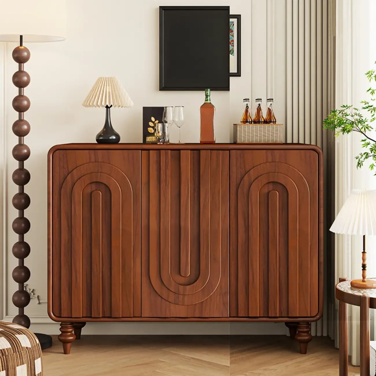 Entryway Wood 3-Door Carved Wave Shoe Cabinet Image - 3