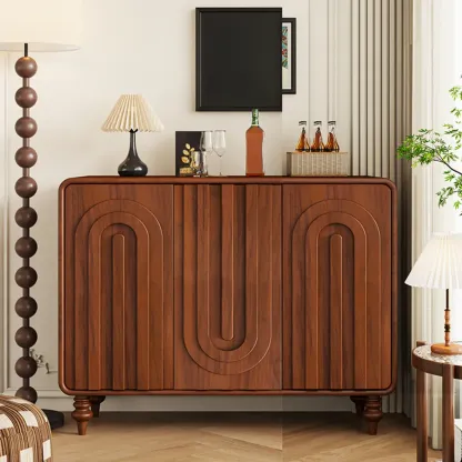 Entryway Wood 3-Door Carved Wave Shoe Cabinet Image - 3