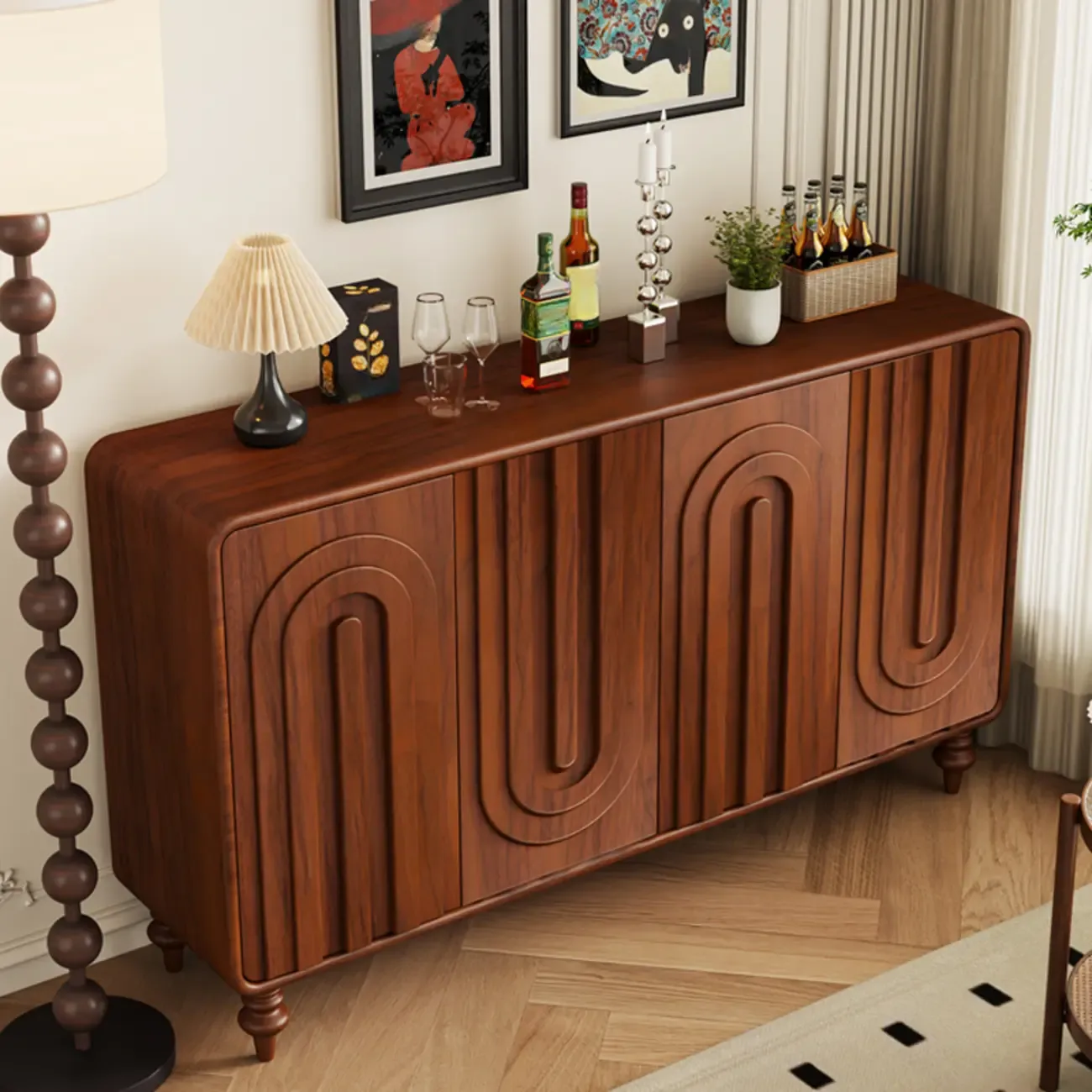 Entryway Wood 3-Door Carved Wave Shoe Cabinet Image - 4