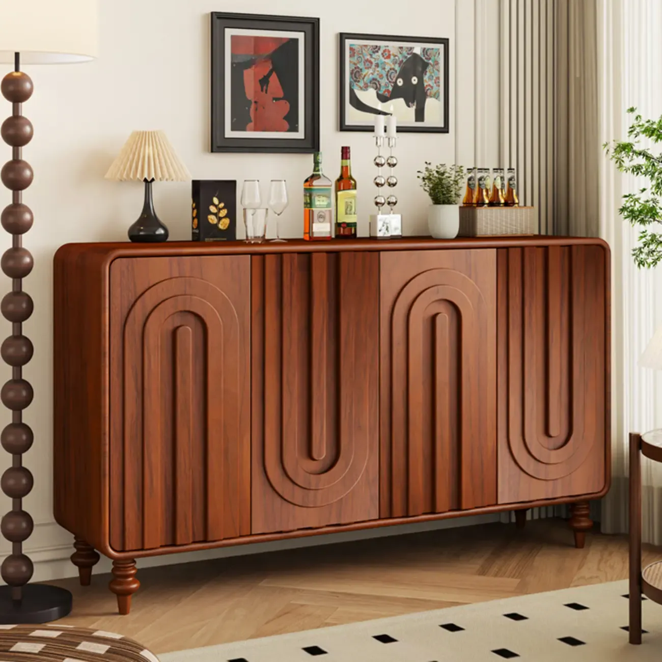 Entryway Wood 3-Door Carved Wave Shoe Cabinet Image - 6